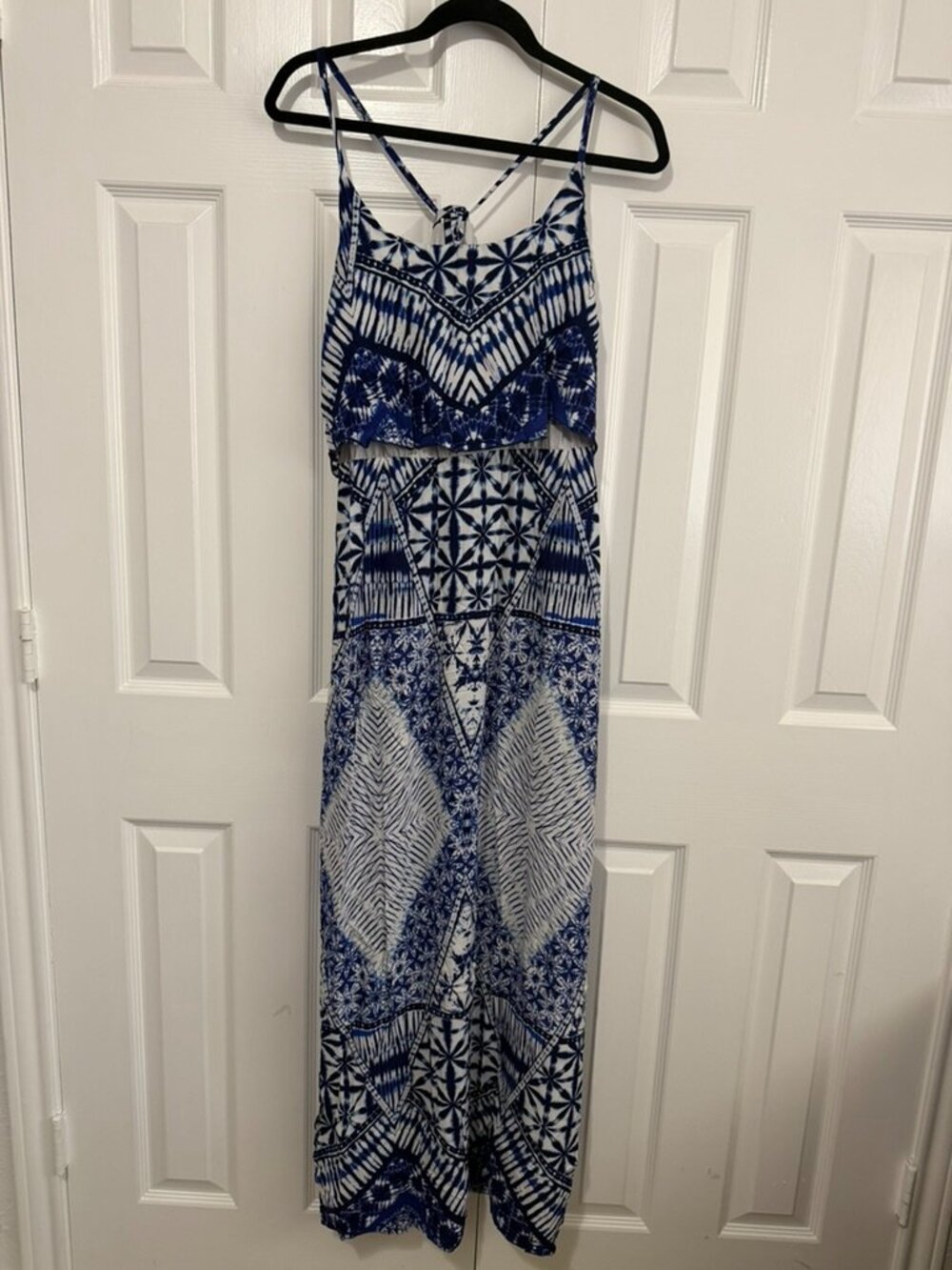 Blue Tie Dye Spaghetti Tie Back Maxi Dress from Francesca's Size L